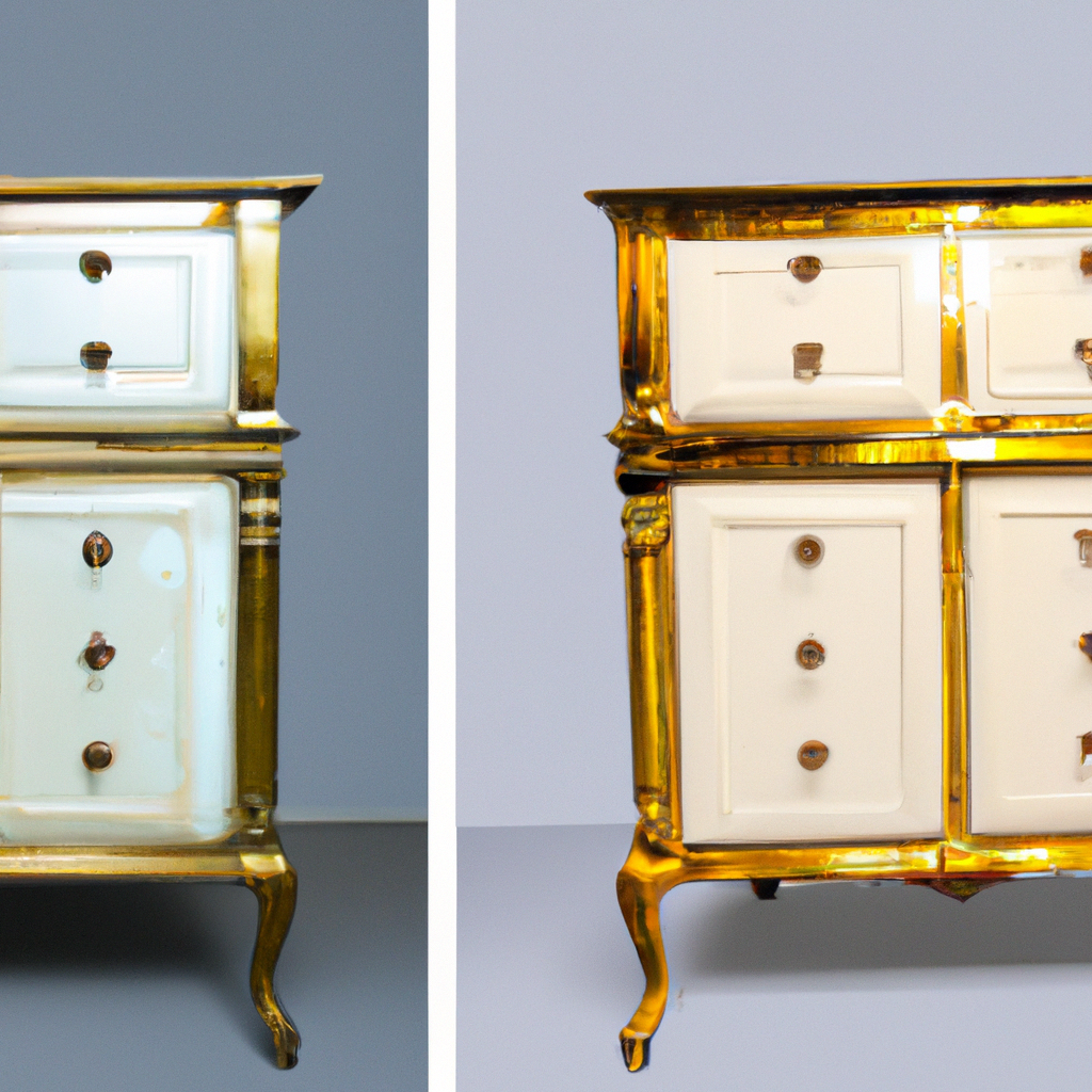 Before and after split view of a restored vintage commode with glossy finish and brass hardware