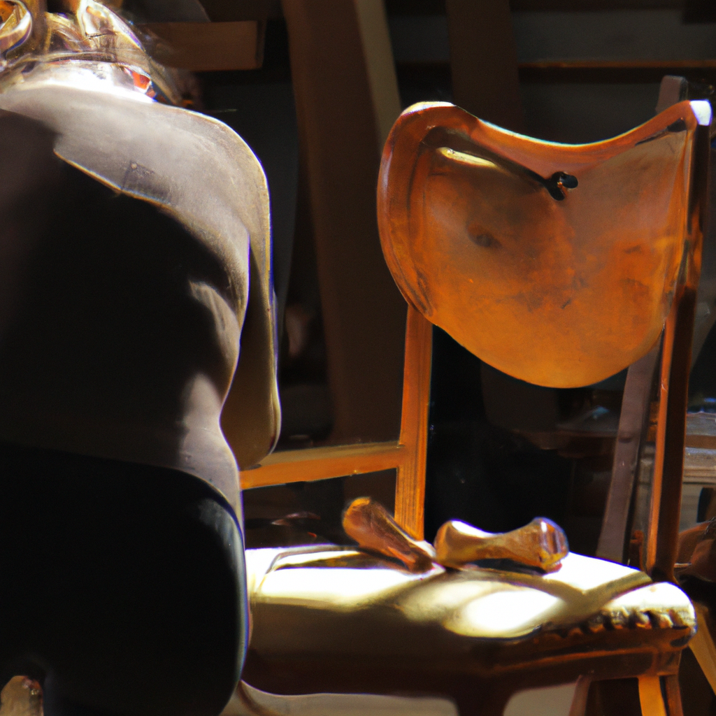 Craftswoman restoring a vintage wooden armchair in a sunlit workshop with detailed woodgrain and tools