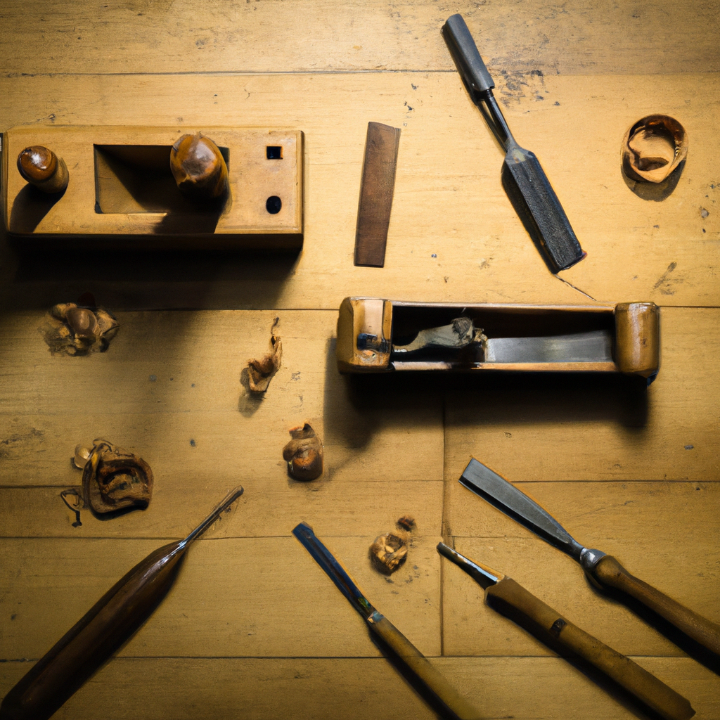 Flatlay of historical woodworking tools including hand planes and chisels on dark wood