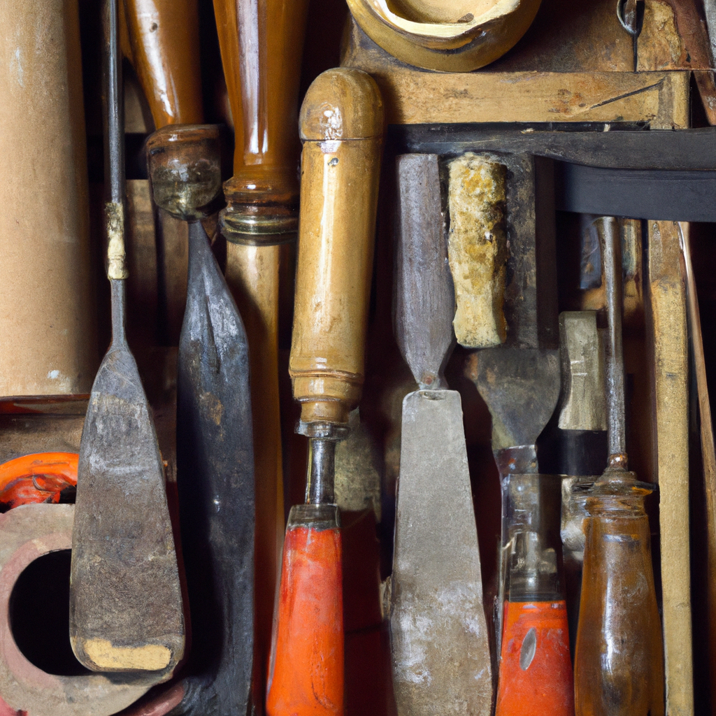Vintage wooden restoration tools arranged on a workbench with soft side lighting highlighting grain and patina.